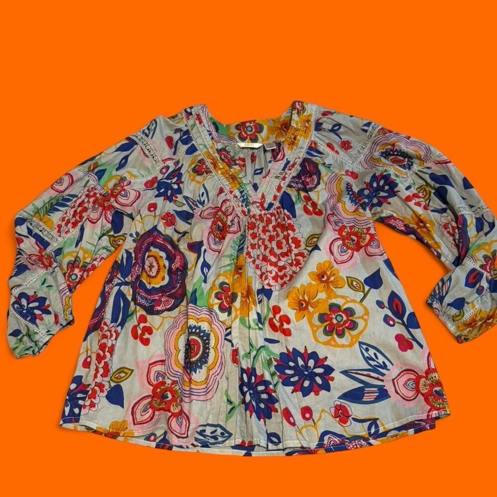 Kaktus Vibrant Floral Boho Peasant Blouse sz S